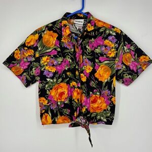 Paquette Womens Medium Vintage Button Front Crop Shirt Pink Gold Floral Tie Hem